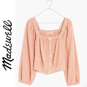 Madewell Puff-Sleeve Button-Front Crop Top in Embroidered Stripe Rusted Tin S